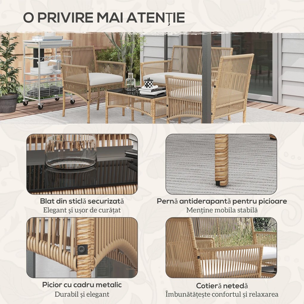 Outsunny Set de Exterior cu 2 Fotolii de Exterior, Canapea de Grădină și Măsuță de Cafea, 56x56x80 cm, Lemn Natural | Aosom Romania