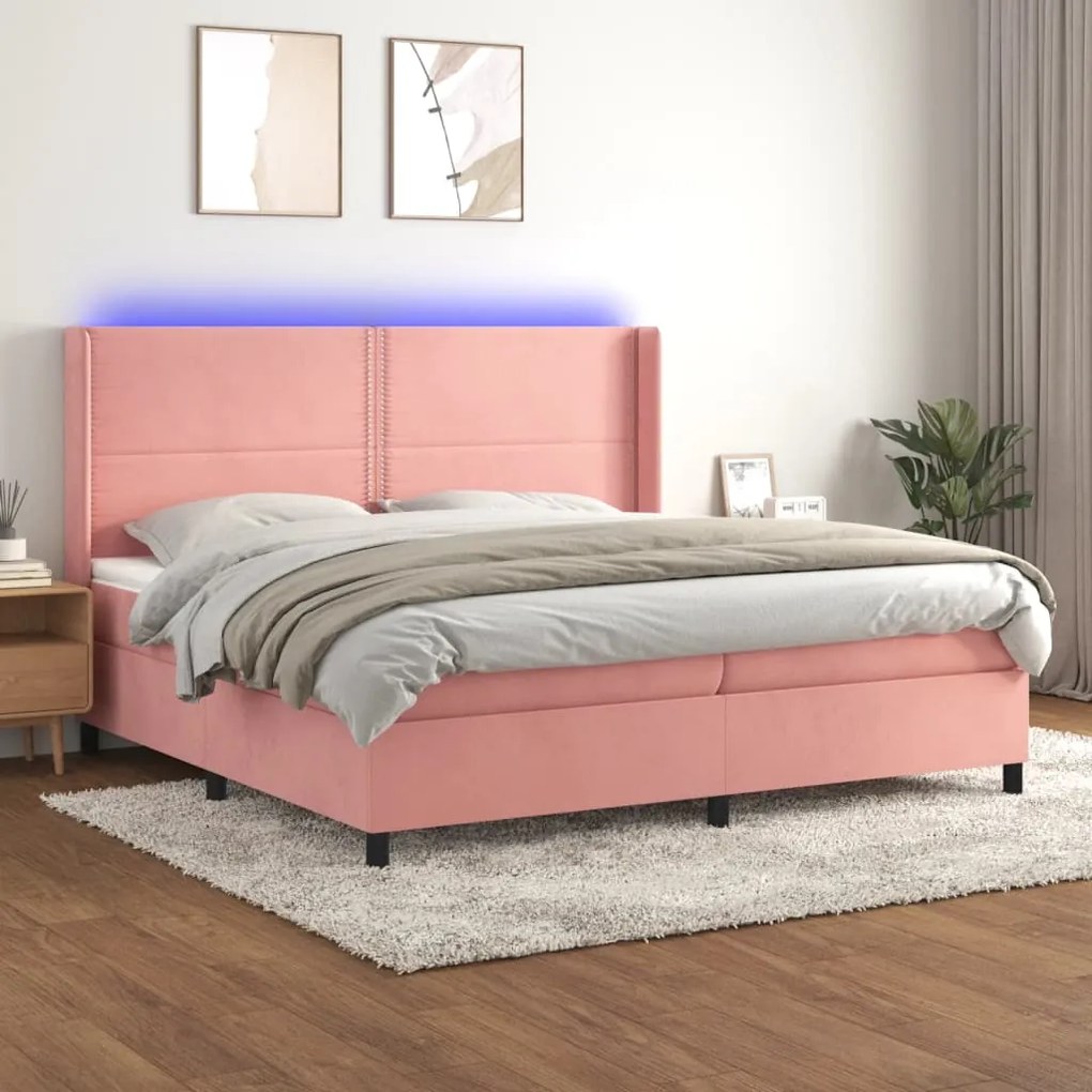 vidaXL Pat continental cu saltea &amp; LED, roz, 200x200 cm, catifea