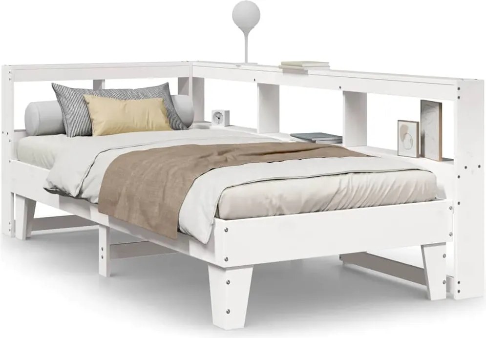 vidaXL Pat cu bibliotecă fără saltea, alb, 90x190 cm, lemn masiv pin