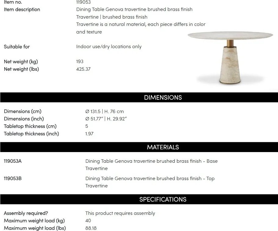 Masa rotunda LUX travertin Genova 131cm