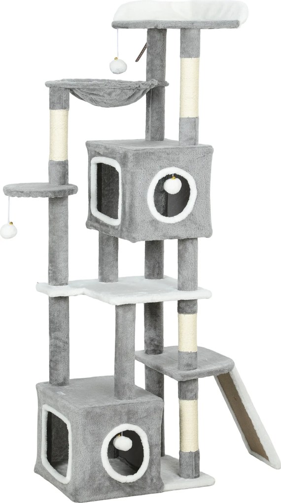 PawHut Arborele pentru Pisici cu Căsuțe, Rampe, Stinghie și 4 Mingi, Gri | Aosom Romania