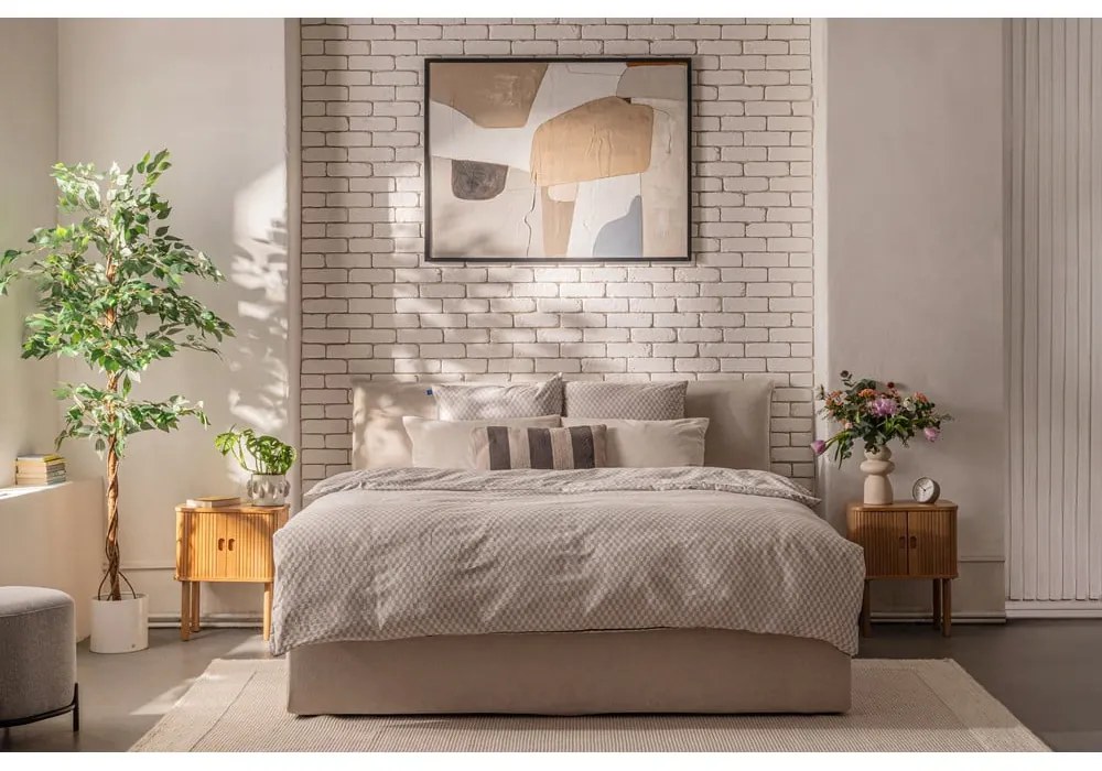 Pat matrimonial bej tapițat cu spațiu de depozitare cu somieră 180x200 cm Thessa Pillow – Bonami Selection