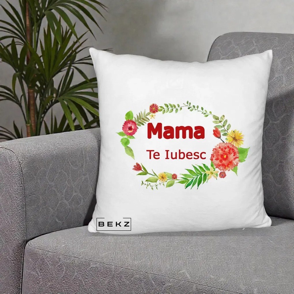 Cadou pentru Mama - Perna Personalizata Mama Te Iubesc Flori Rosii, 40x40 cm, Alb Pufos, Husa Detasabila, Perna Inclusa, BEKZ®