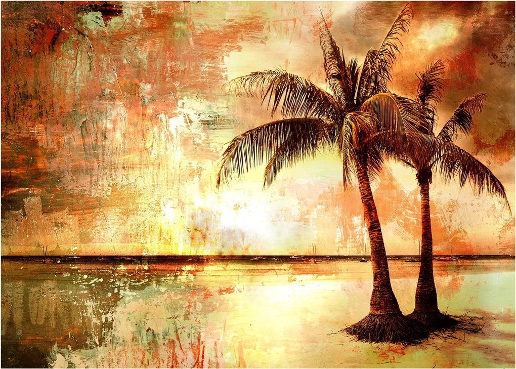 Tablou pe sticlă - Palmieri pe plajă (70x50 cm)