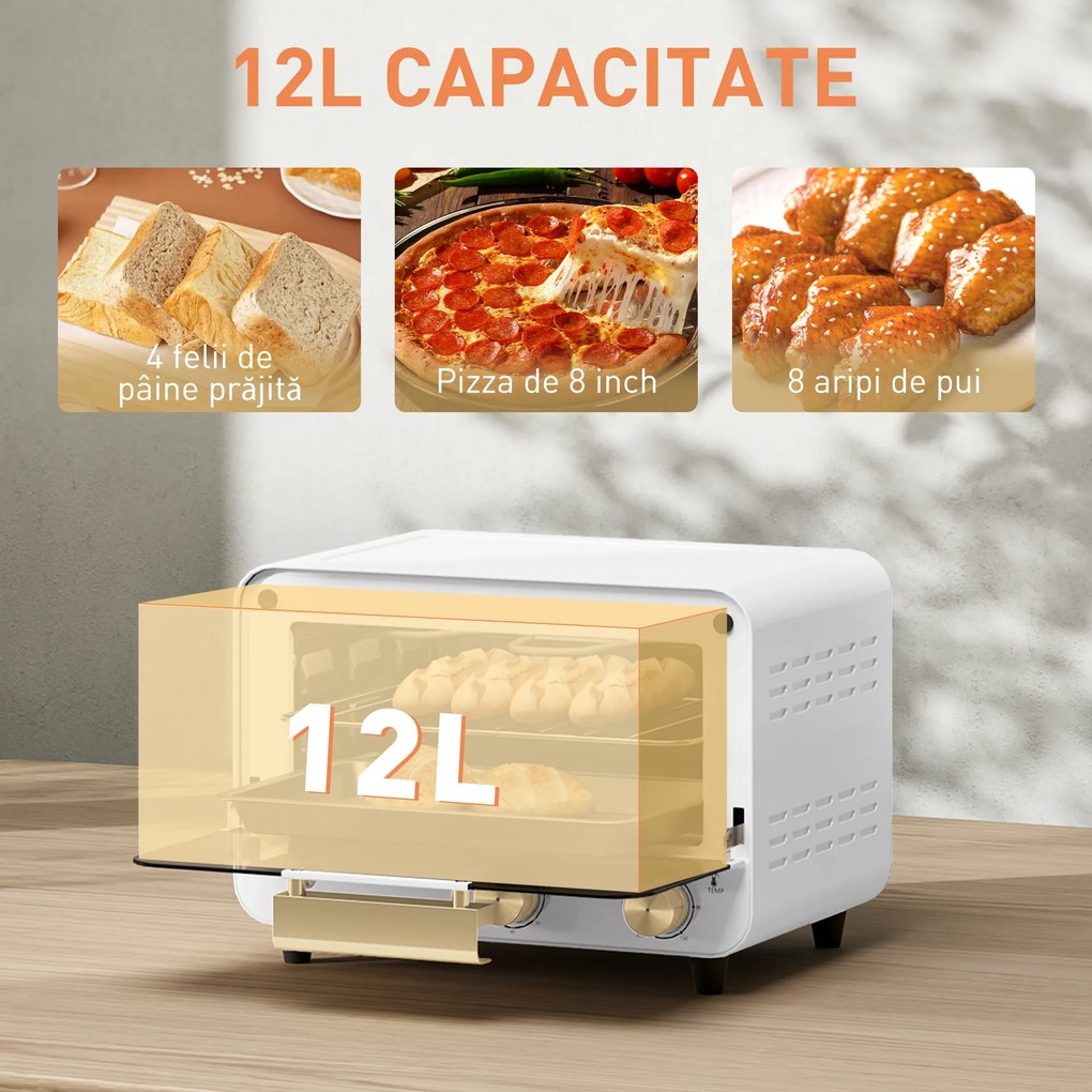 HOMCOM Cuptor Electric cu 2 Înălțimi cu Temporizator și Temperatură Reglabilă, 31,5x27,7x22,7 cm, Alb | Aosom Romania