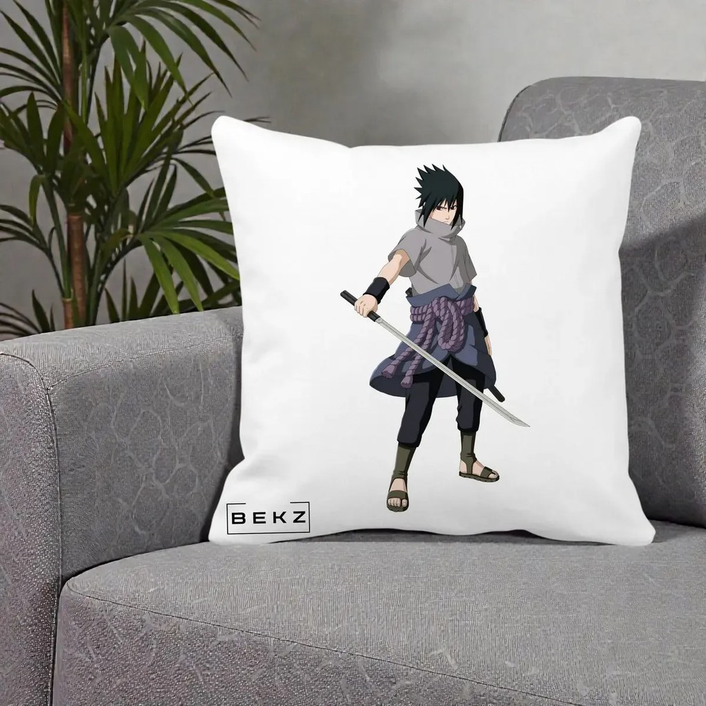 Perna Personalizata Naruto Sasuke Uchiha cu Sabia, 40x40 cm, Alba Mata, Husa Detasabila, Perna Inclusa, BEKZ®