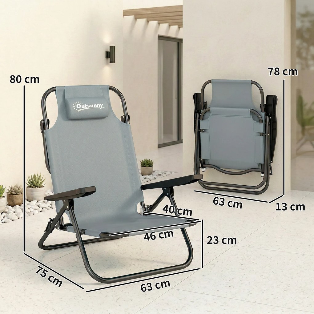 Outsunny Set de 2 Scaune de Camping Portabile, Plajă Pliabile, Spătar Reglabil, Gri Deschis. | Aosom Romania