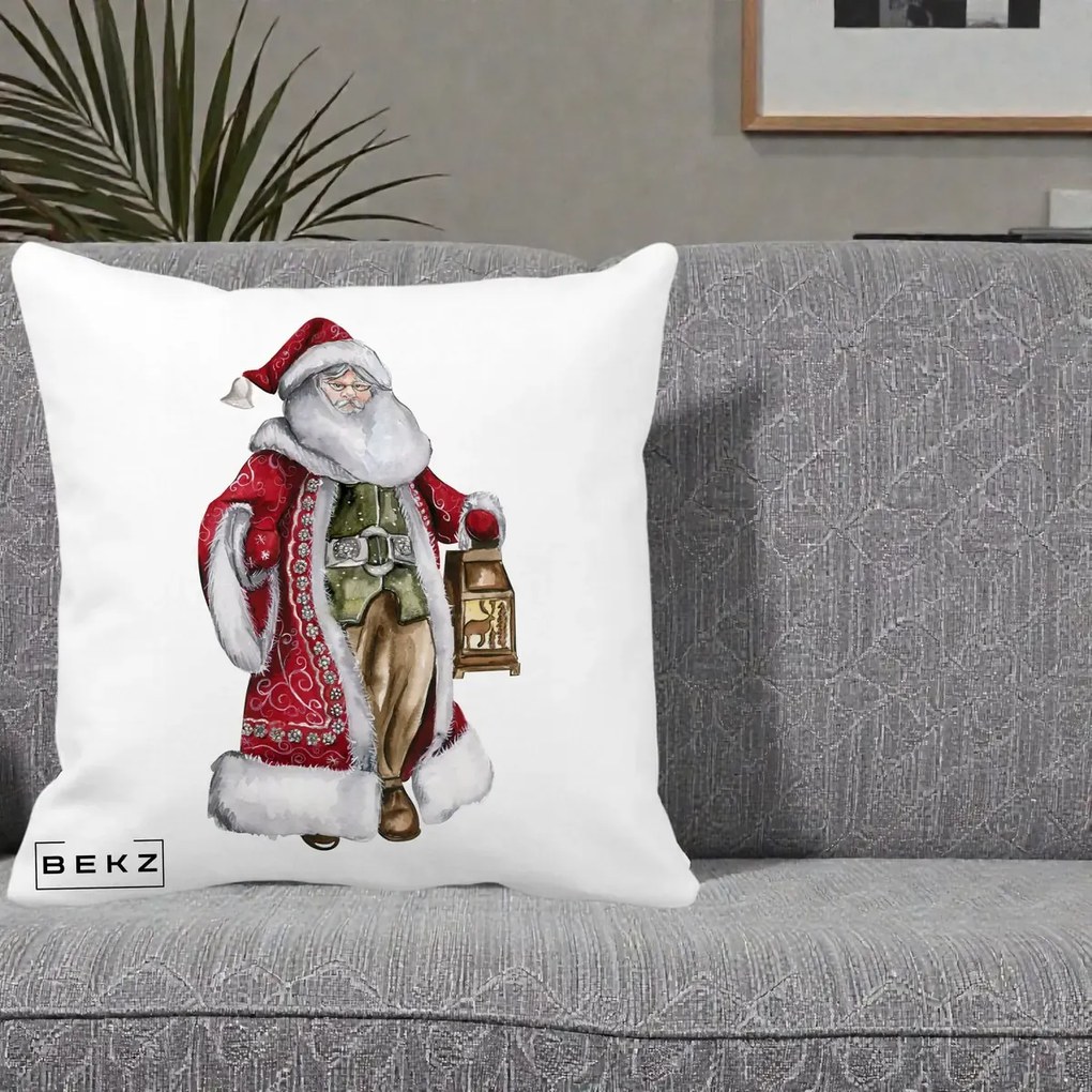 Perna Decorativa Mos Craciun Vintage cu Felinar, 40x40 cm, Alba Mata, Husa Detasabila, Perna Inclusa, BEKZ®