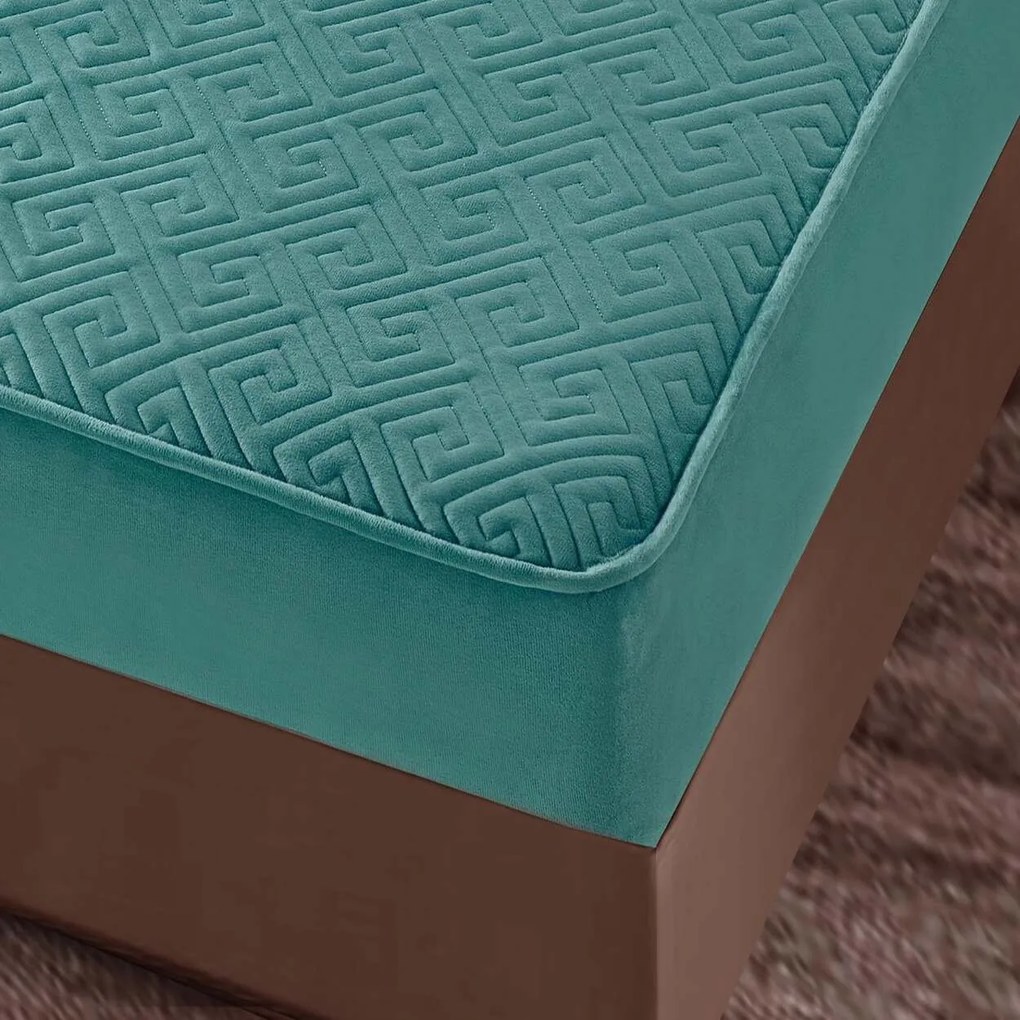 Husa de pat matlasata si 2 fete de perne din catifea, cu elastic, model tip topper, pentru saltea 160x200 cm, turquoise, HTC-47