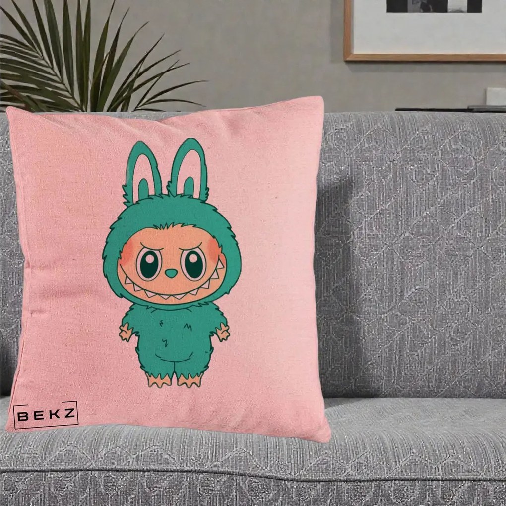 Perna Personalizata Labubu Turcoaz, 40x40 cm, Roz, Husa Detasabila, Perna Inclusa, BEKZ®