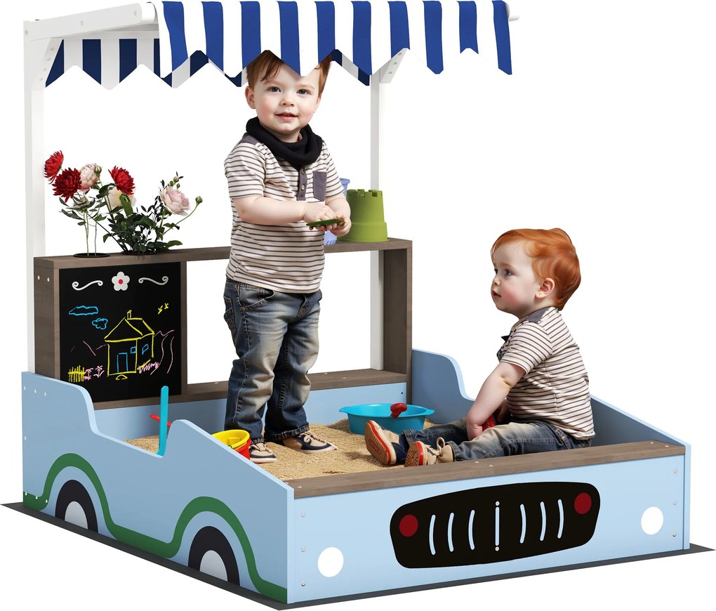 AIYAPLAY Ladă de nisip cu copertină, design magazin alimentar, bancă, tablă de scris, lemn de brad, 104H x 108L x 90B cm, Albastru | Aosom Romania