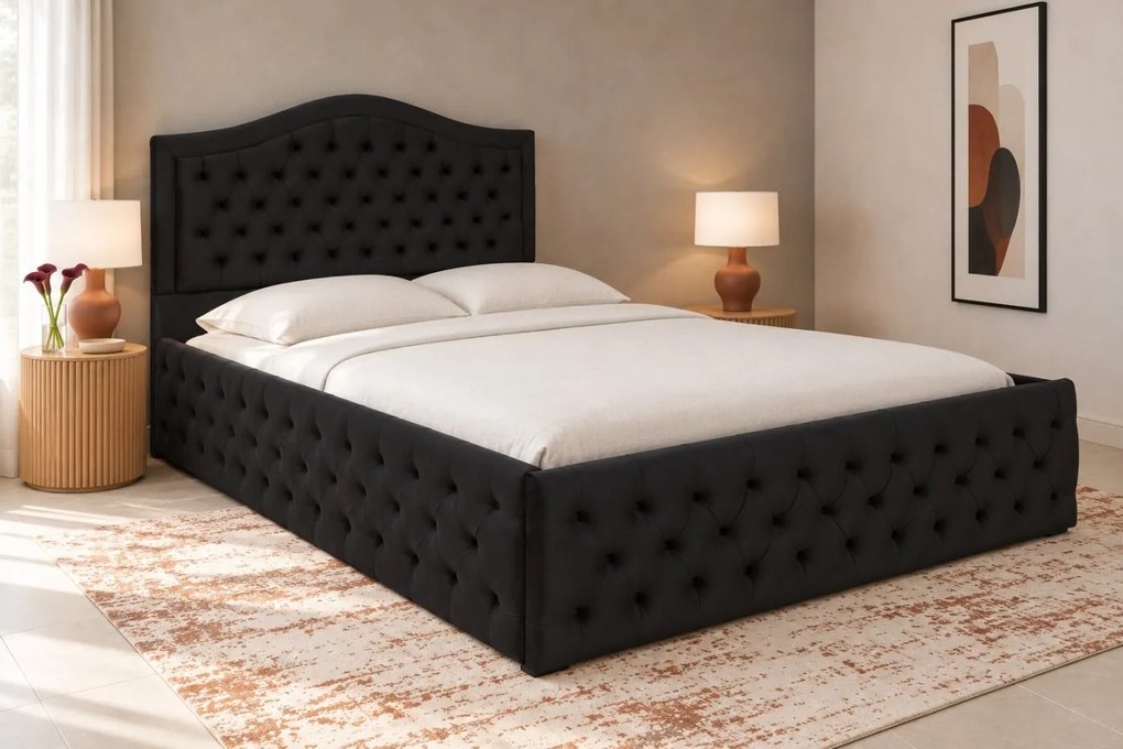 Pat tapițat Chesterfield din catifea Solaria Deluxe 120×200 cm, negru, cu ladă de depozitare