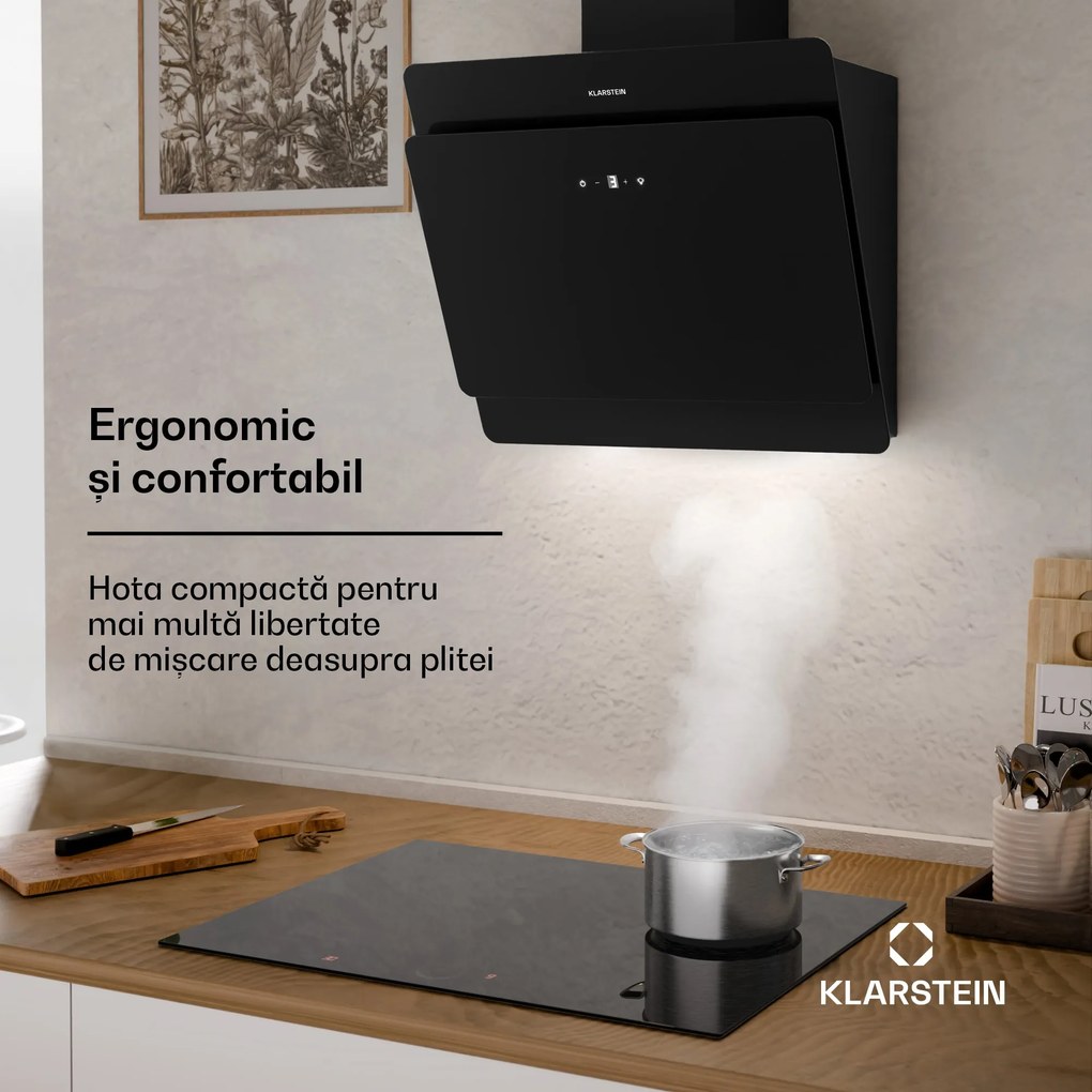 Klarstein Aurica 60, hotă de aburi, 165 W, 3 nivele, 607 m³/h, LED, sticlă, neagră
