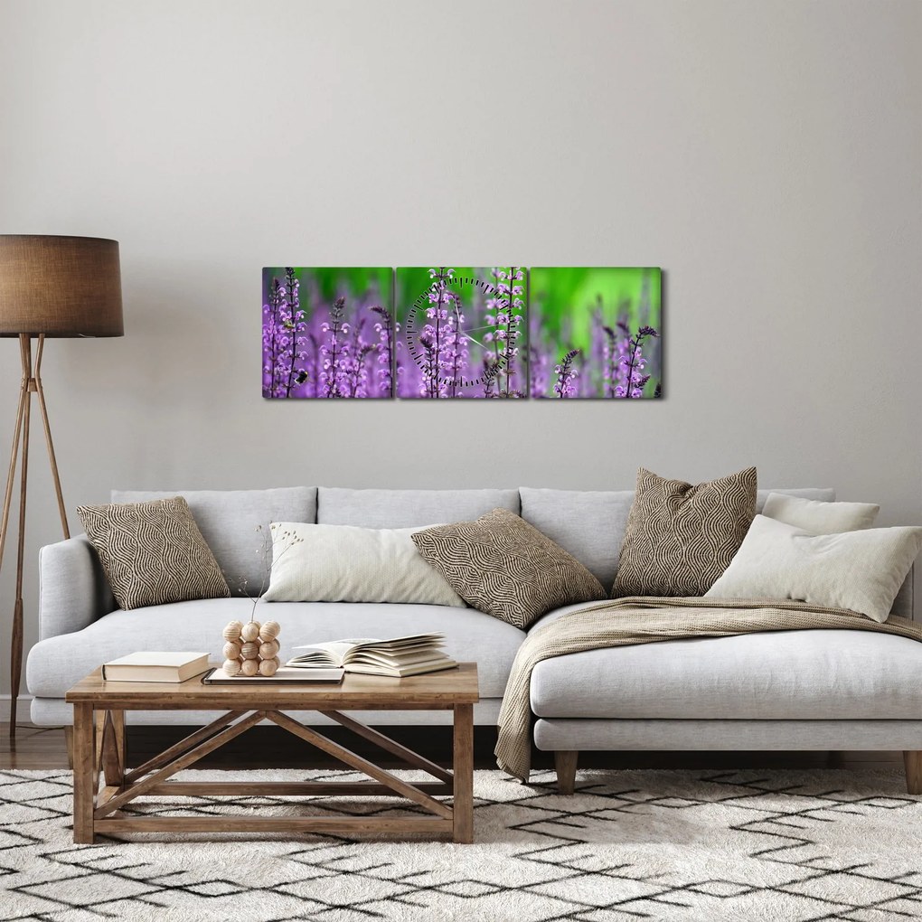 Tablou cu flori de luncă violete (cu ceas) (90x30 cm)