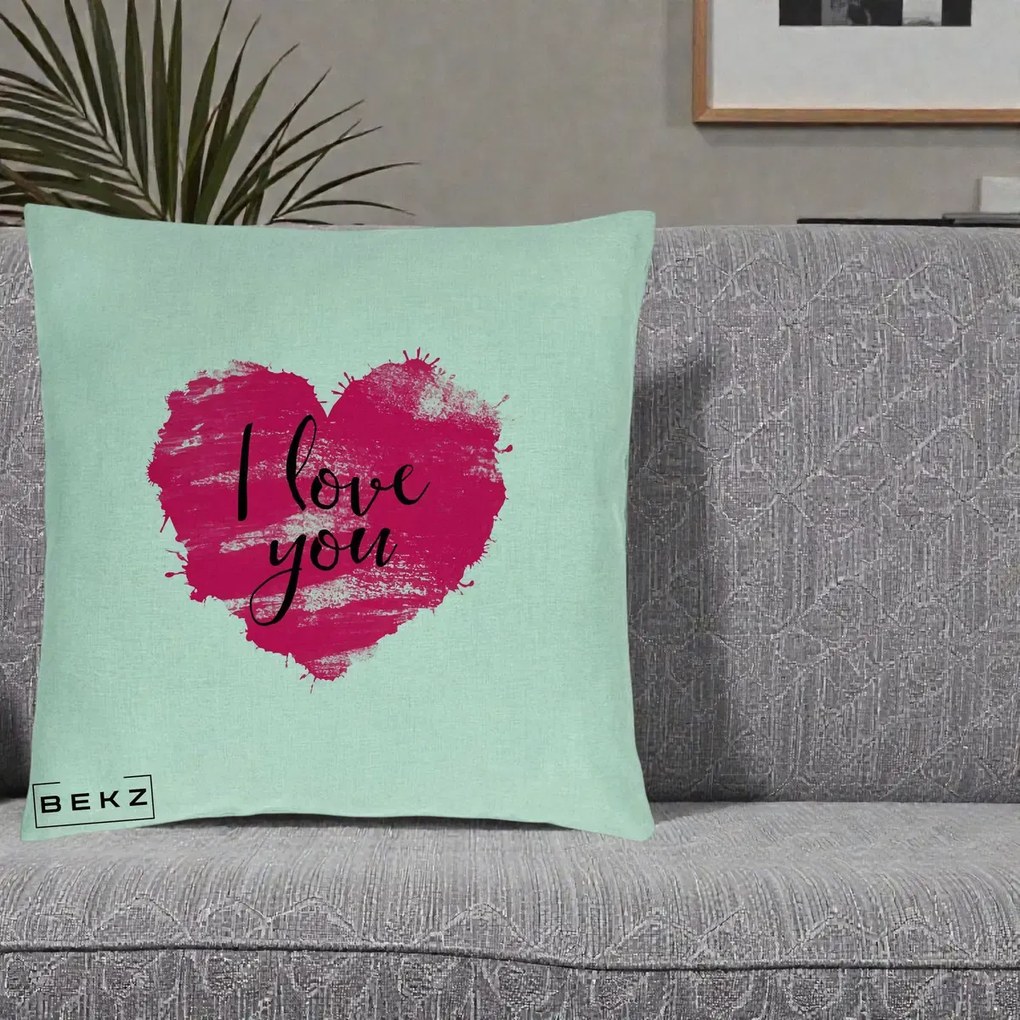 Cadou Romantic - Perna Personalizata I Love You Inima Roz, 40x40 cm, Verde Menta, Husa Detasabila, Perna Inclusa, BEKZ®