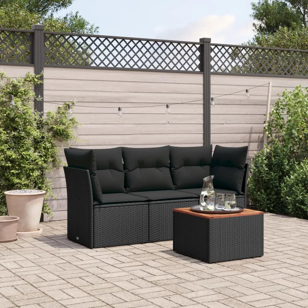 3223465 vidaXL Set mobilier de grădină cu perne, 4 piese, negru, poliratan