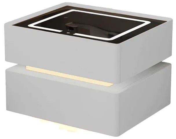 Noptieră inteligentă cu &icirc;ncărcare wireless, iluminare LED, 2 sertare de depozitare &ndash; albă, design modern din sticlă și lemn