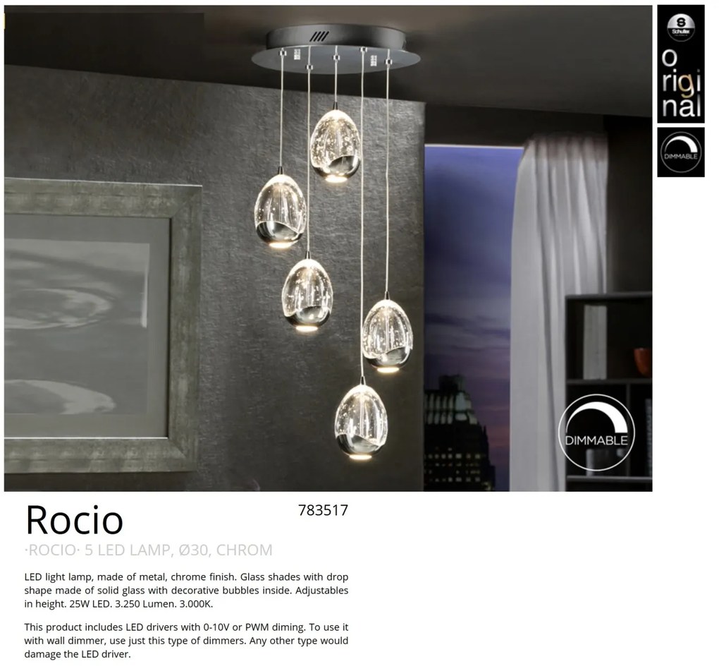 Lustra LED dimabila cu 5 pendule ROCIO crom SV-783517