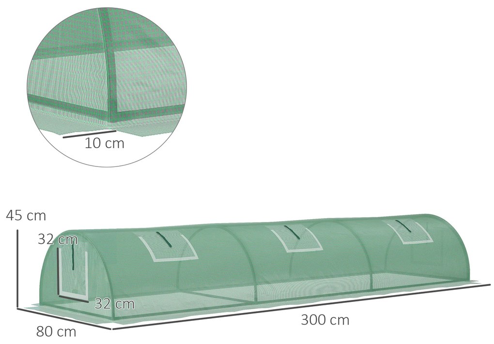 Outsunny Seră de Grădină Tunel cu 5 Ferestre Rulante din Oțel, PE și PP, 300x80x45 cm, Verde | Aosom Romania