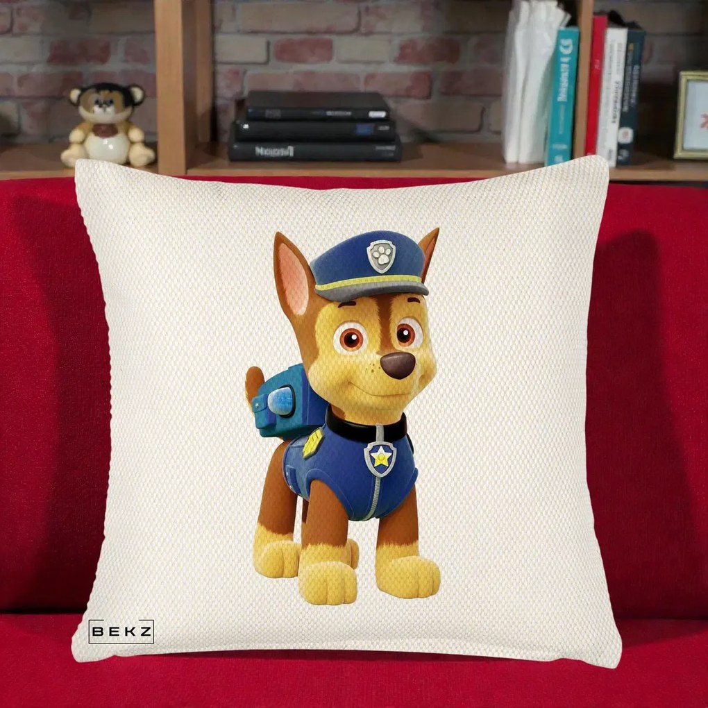 Perna Personalizata Chase PAW Patrol Albastru, 40x40 cm, Crem Reliefat, Husa Detasabila, Perna Inclusa, BEKZ®