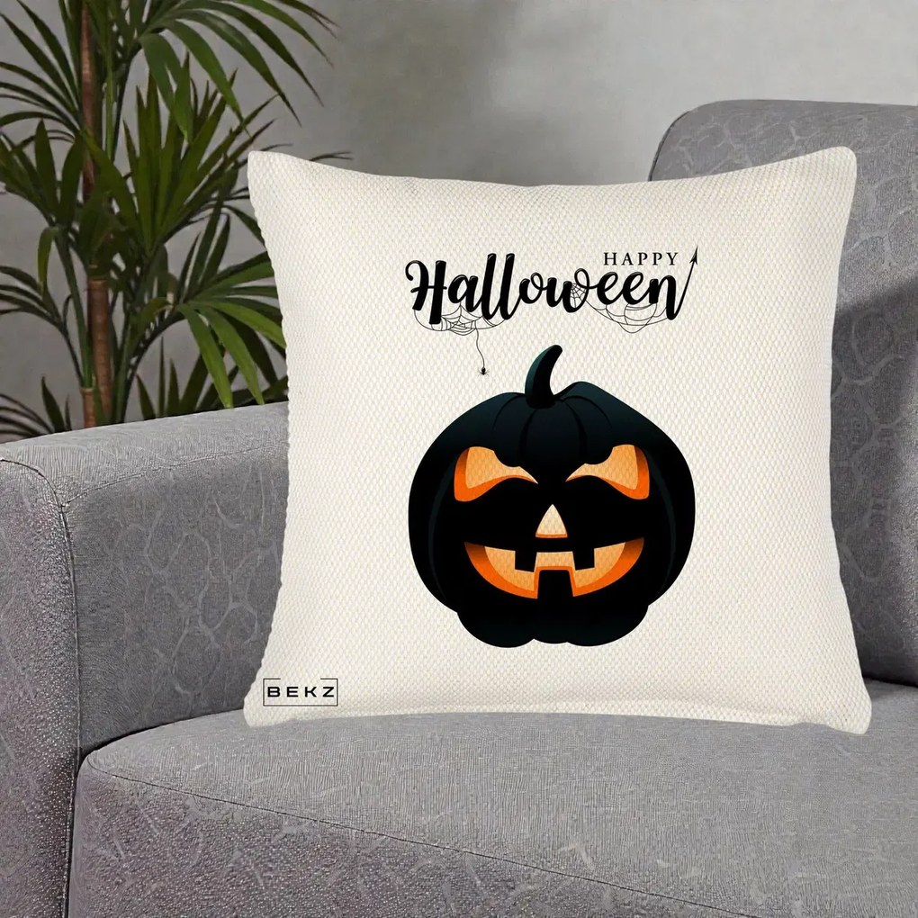 Perna Decorativa Happy Halloween Dovleac Negru cu Paianjen, 40x40 cm, Crem Reliefat, Husa Detasabila, Perna Inclusa, BEKZ®