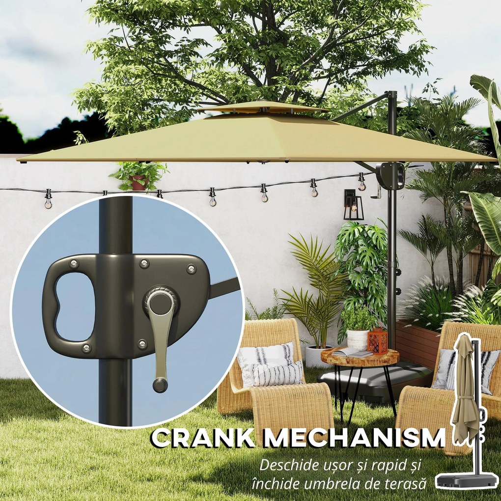 Outsunny Umbrelă Suspendată cu Bază Greutăți și Acoperiș Dublu pentru Grădină, Umbrelă Suspendată Pătrată cu Manivelă și Unghi Reglabil, Gri Închis | Aosom Romania