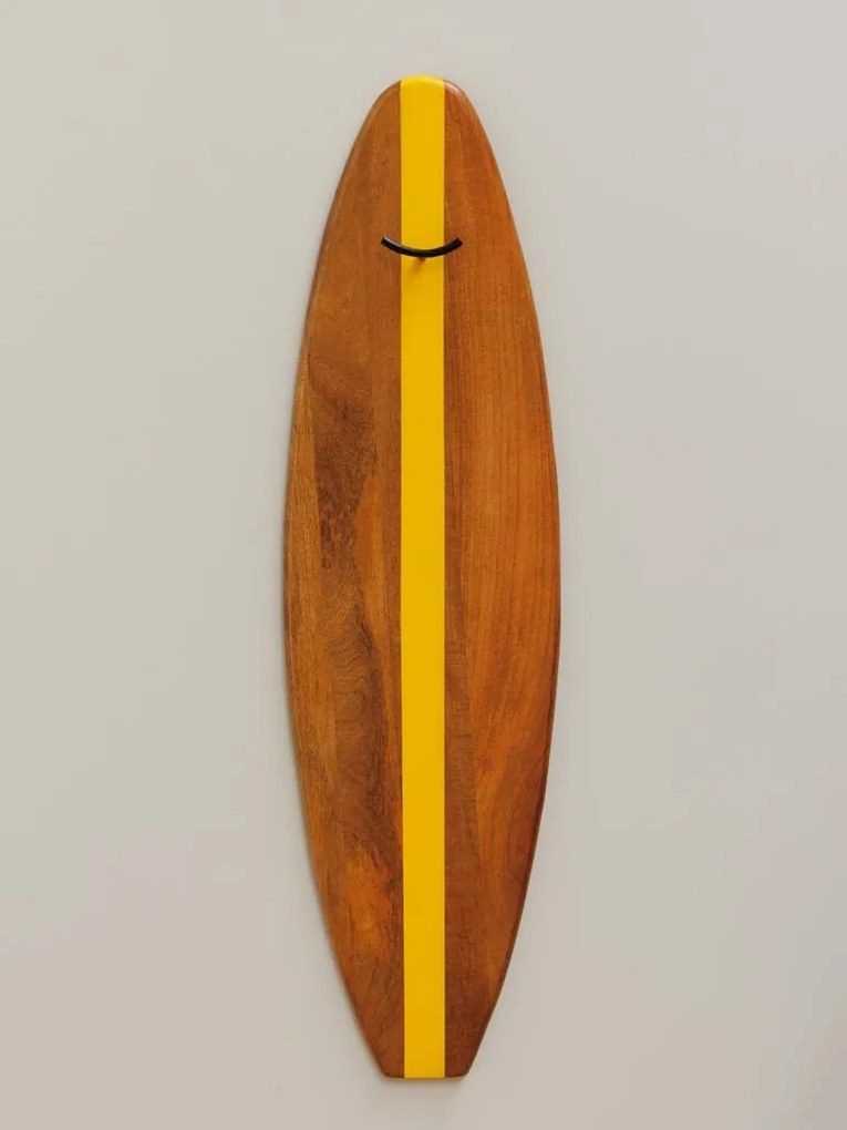 Cuier de perete din lemn de mango și fier, natur și galben, în formă de placă de surf, cu cârlig dublu, 147 x 40 x 8 cm, „Yellow Surf”