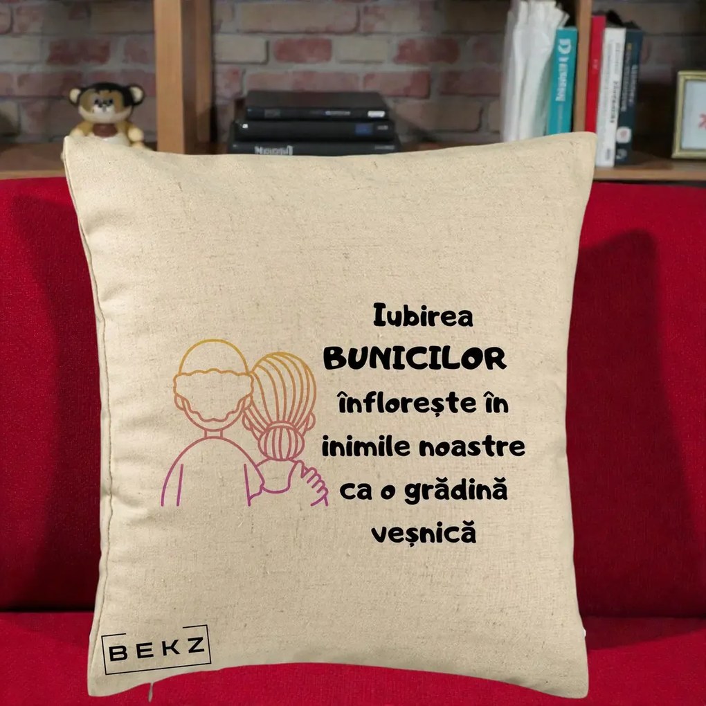 Cadou pentru Bunici - Perna Personalizata Iubirea Bunicilor Infloreste Cuplu Line Art Gradient, 40x40 cm, Bej, Husa Detasabila, Perna Inclusa, BEKZ®