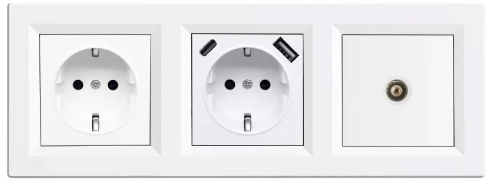 Priză cu împământare Nova, USB, priză TV cu cadru alb