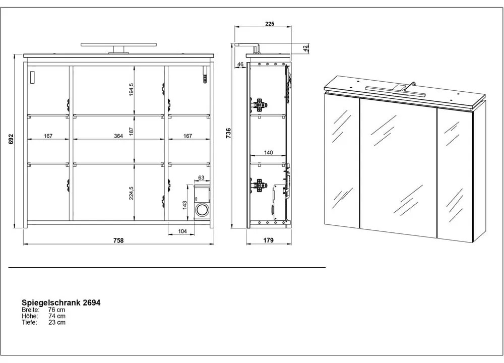 Dulap de baie gri antracit cu oglindă/cu iluminare 76x74 cm Modesto – Germania