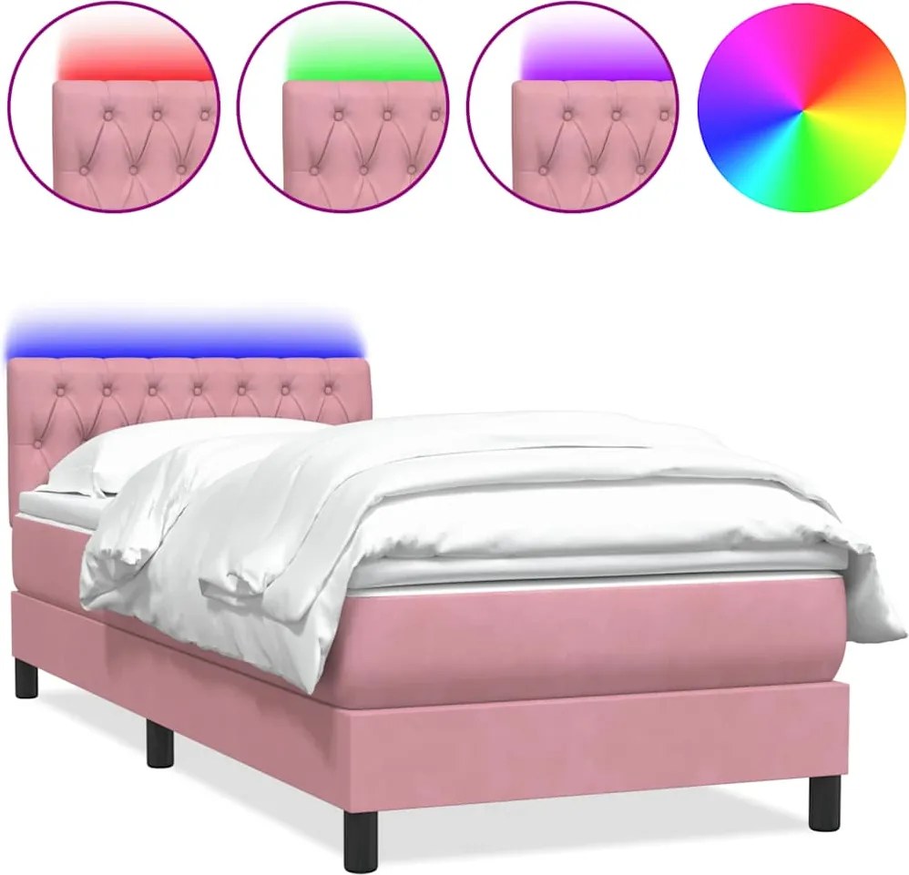 vidaXL Pat cu arcuri cu saltea și LED, roz, 90x210 cm, catifea