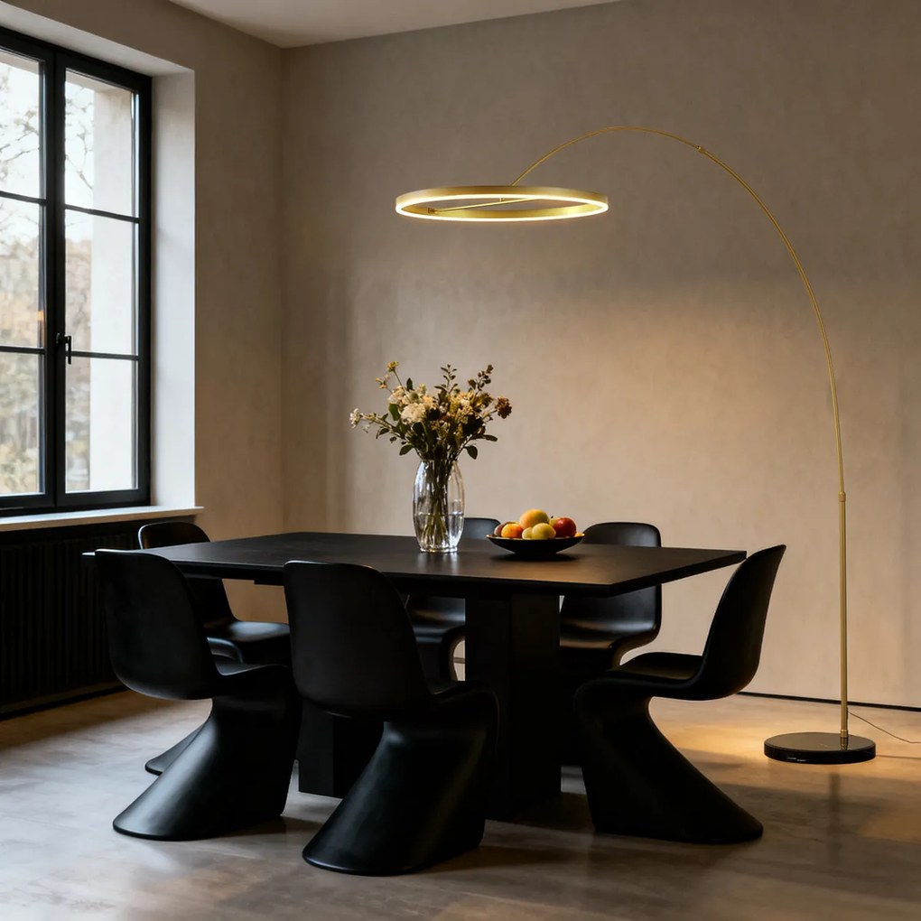 Lampă de podea arcuită de design aurie, cu LED și dimmer în 3 trepte - Anello
