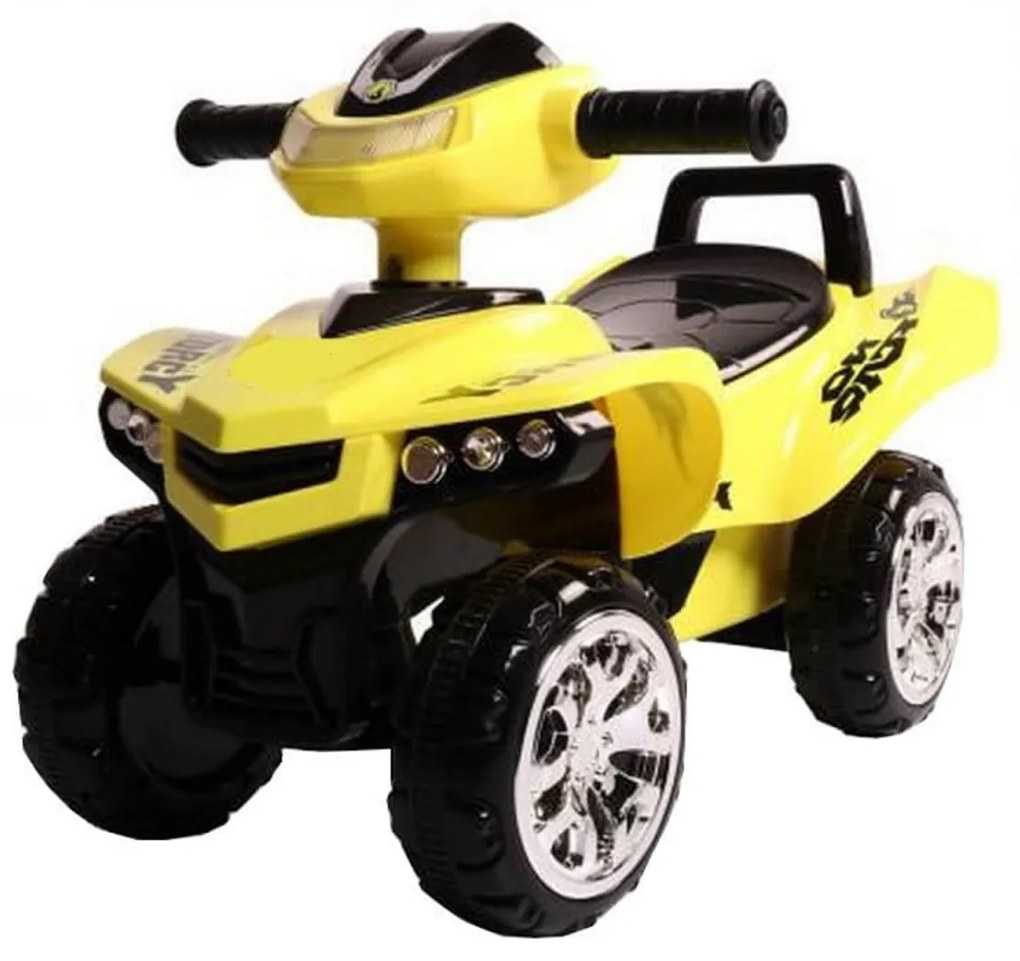 Masinuta cu Functie de Trotineta Fara Pedale Pentru Copii NOVOKIDS™ ATV No Fear Rider, Maxim 25 Kg, Cu Melodii, Sezut comfortabil, Galben cu Negru