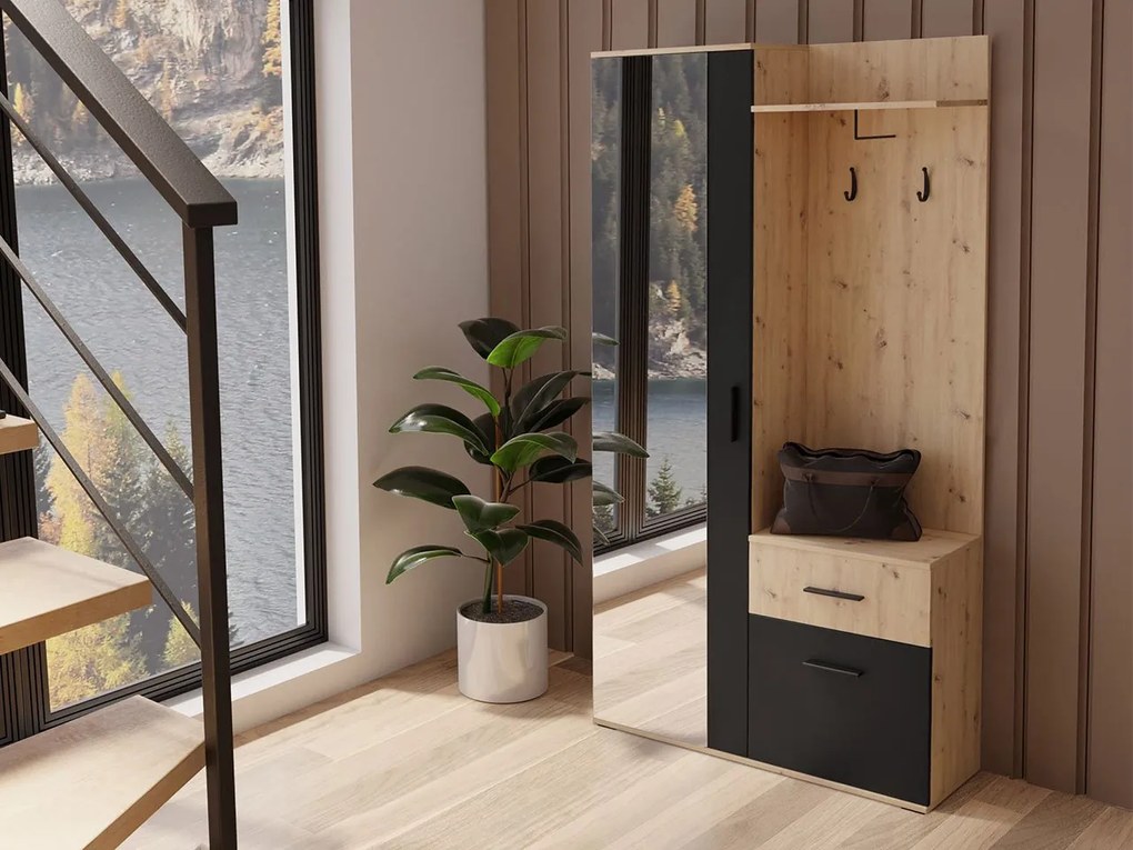 Mobilier hol Cless (Stejar artisan + Negru) (cu oglindă). 1104707