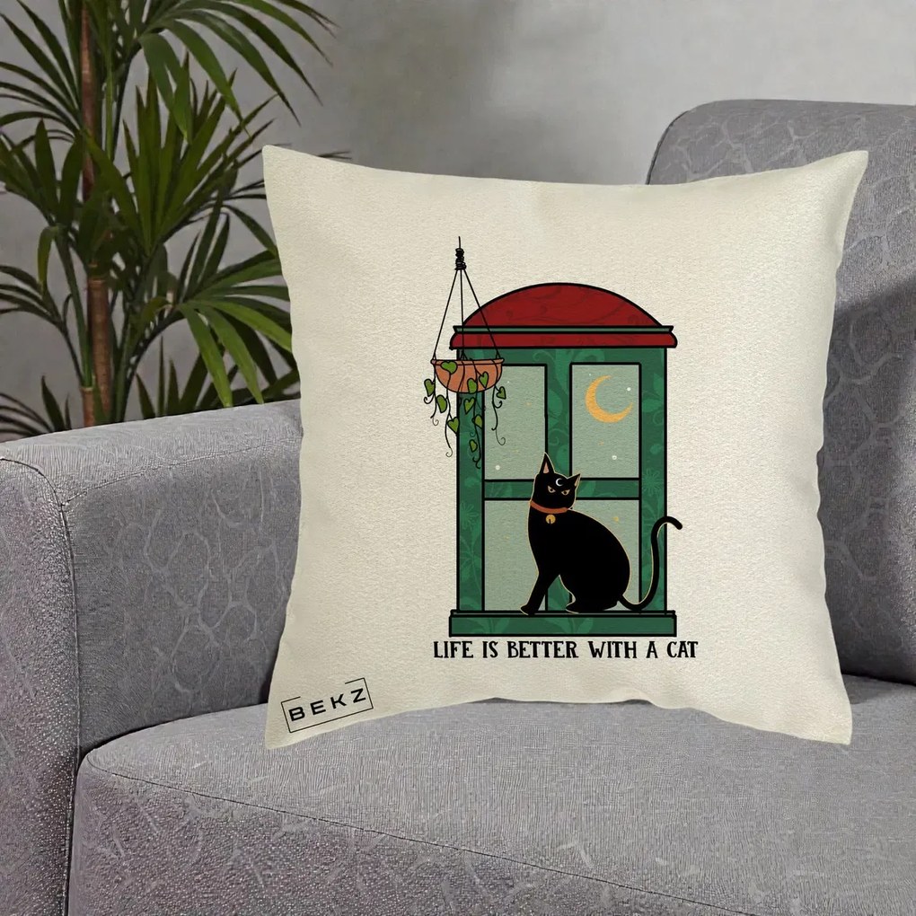 Perna Personalizata Life is Better with a Cat Geam, 40x40 cm, Ecru, Husa Detasabila, Perna Inclusa, BEKZ®