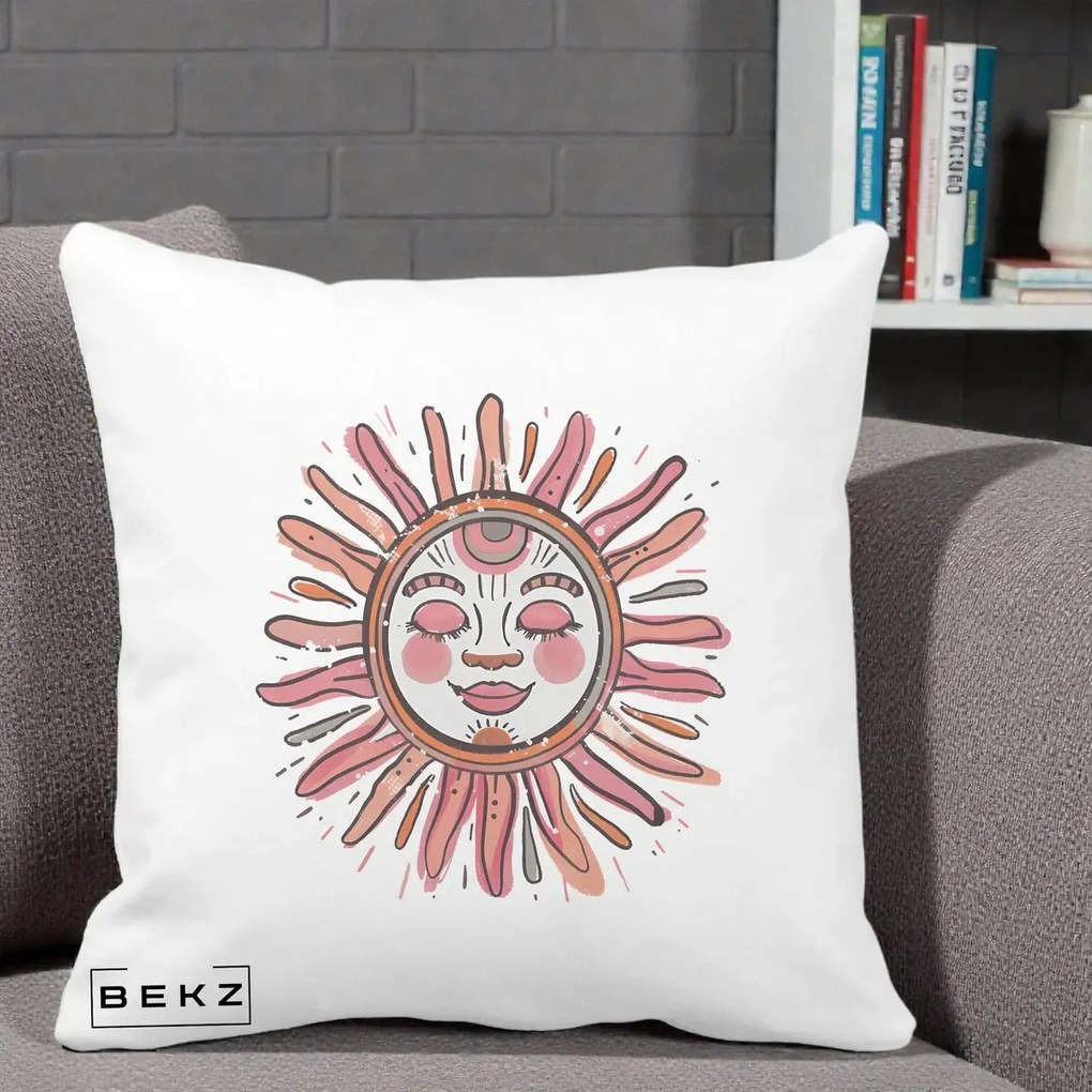 Perna Decorativa Soare Roz Tribal, 40x40 cm, Alba Mata, Husa Detasabila, Perna Inclusa, BEKZ®