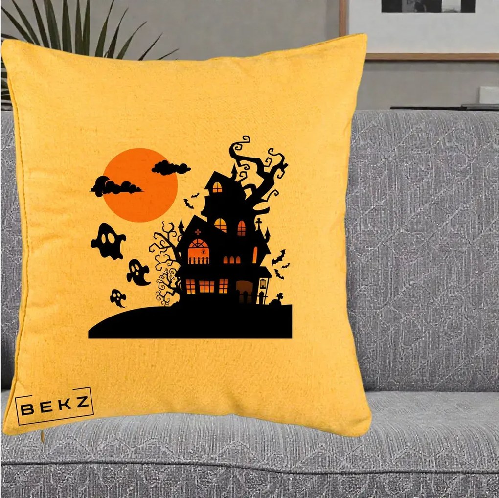 Perna Decorativa Halloween Casa Bantuita cu Fantome, 40x40 cm, Galben, Husa Detasabila, Perna Inclusa, BEKZ®