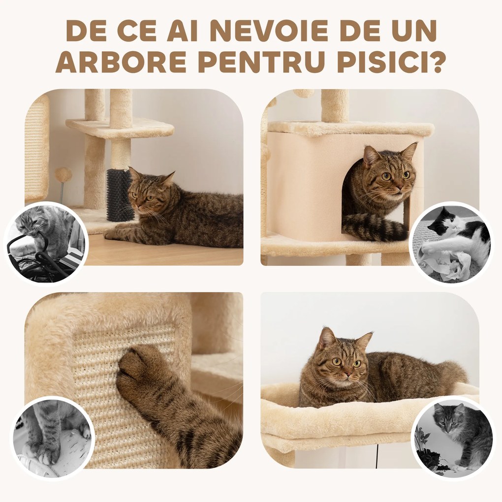 PawHut Arborele pentru pisici înălțime 104cm cu căsuță, pat, stâlp de zgâriat și perie Bej | Aosom Romania
