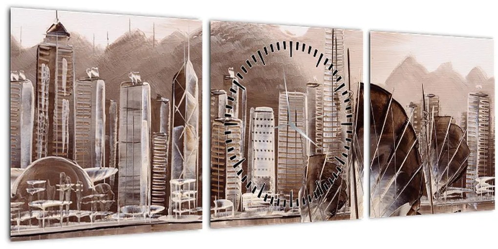 Tablou - Victoria Harbour, Hong Kong, efect sepia (cu ceas) (90x30 cm)