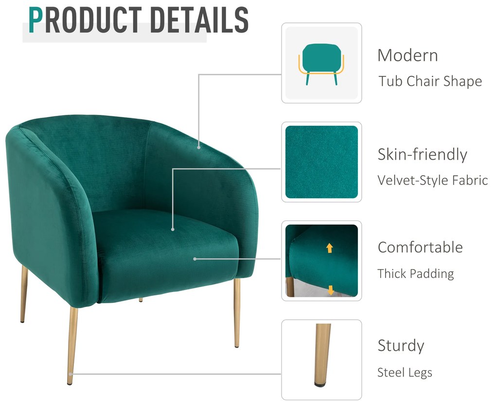 HOMCOM Fotoliu Cocktail din Catifea, Mobilier Modern Casa si Birou Verde