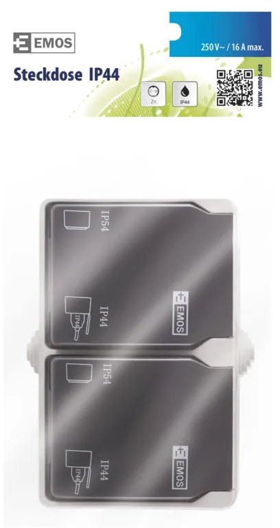 Priza dubla cu impamantare si protectie, cu capac, 16A, montaj aplicat, protectie IP44, pentru exterior, Emos