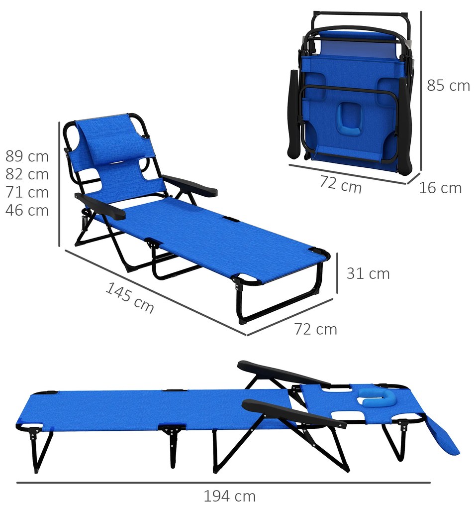 Outsunny Sezlong Plaja Pliabil cu 4 Nivele Rabatare si brațe, Greutate sustinuta 120 kg,Gri | Aosom Romania