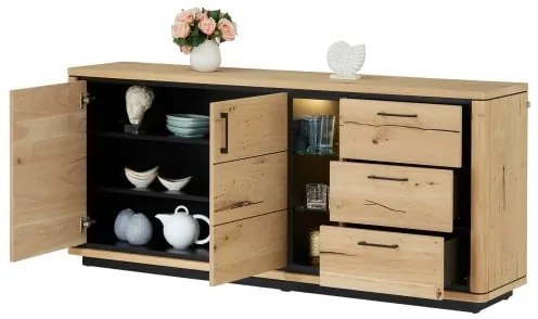 Bufet 2 Usi si 3 Sertare Tulsa, Smoked Oak, Furnir Din Lemn Masiv, 186 Cm