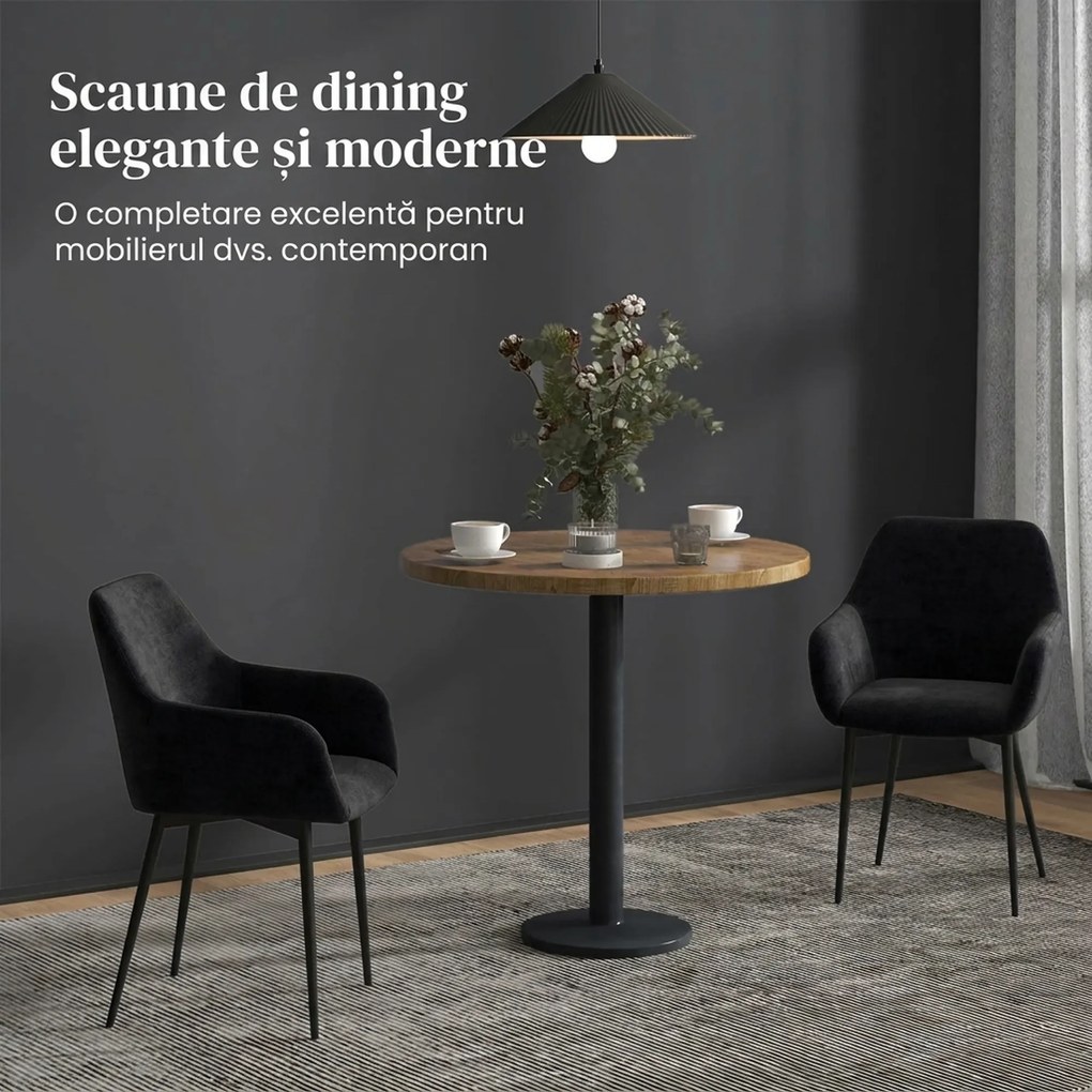 HOMCOM Set 2 Scaune Tapițate în Stil Nordic cu Brațe și Picioare din Oțel pentru Sufragerie, 54x57x80 cm, Negru | Aosom Romania