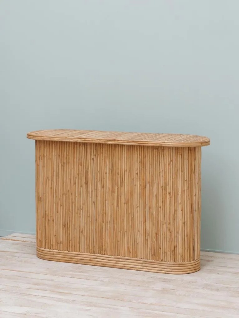 Consolă hol din ratan, natur, cu blat oval și corp din tije verticale, 80 x 120 x 40 cm, „Barbade”