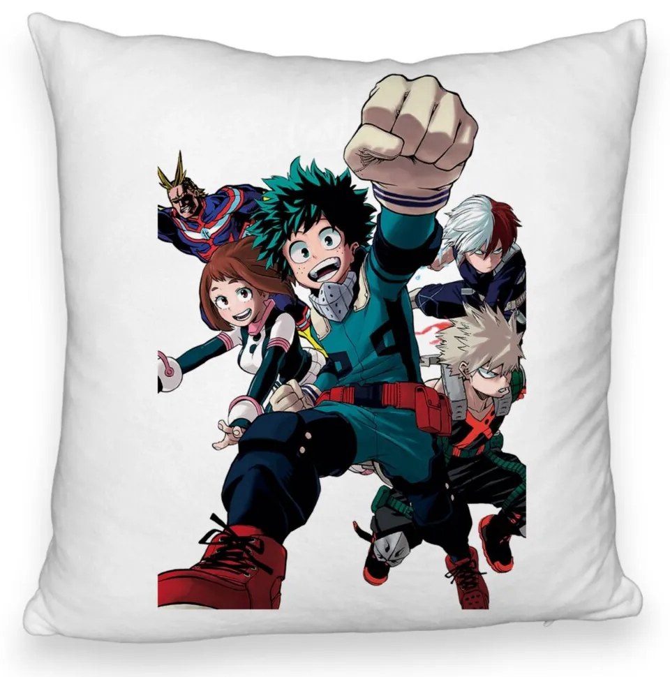 Perna Decorativa Fluffy cu My Hero Academia Characters 2, 40x40 cm, Alba, Husa Detasabila, Burduf