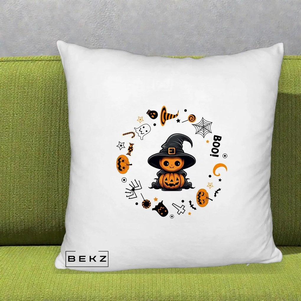 Perna Decorativa Halloween Dovleac Vrajitor Boo cu Simboluri, 40x40 cm, Alb Pufos, Husa Detasabila, Perna Inclusa, BEKZ®