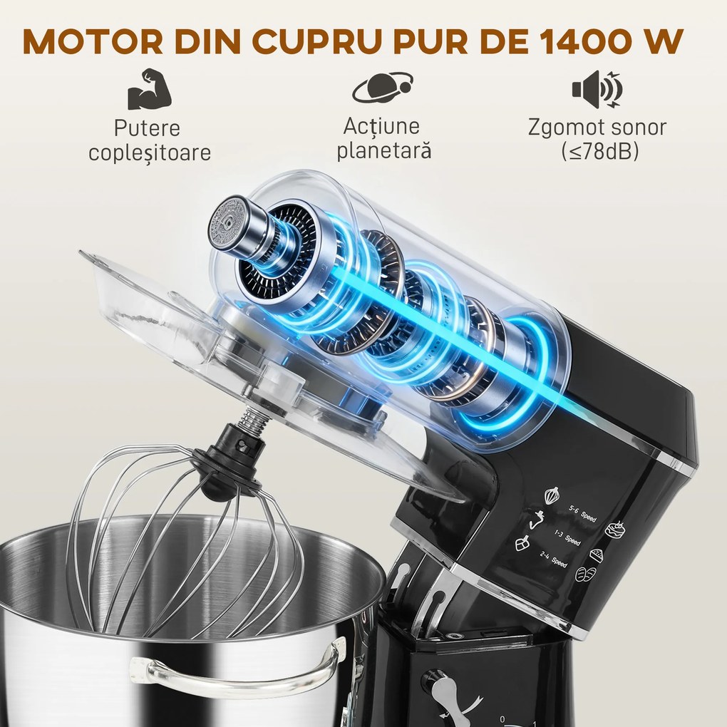HOMCOM Mixer Planetar cu Bol Inox de 7L, 1400W, 6 Viteze Pulse, Cap Înclinat, Mixer Profesional Antiderapant cu Cârlig Frământare, Tel, Batător, Capac Anti-Stropire și Accesorii | Aosom Romania