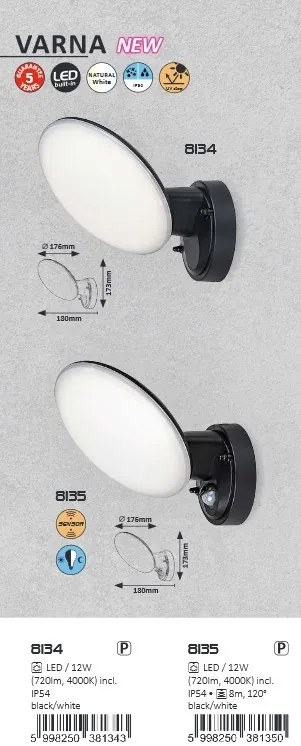 Aplica LED pentru iluminat exterior cu senzor de miscare IP54 Varna 8135 RX