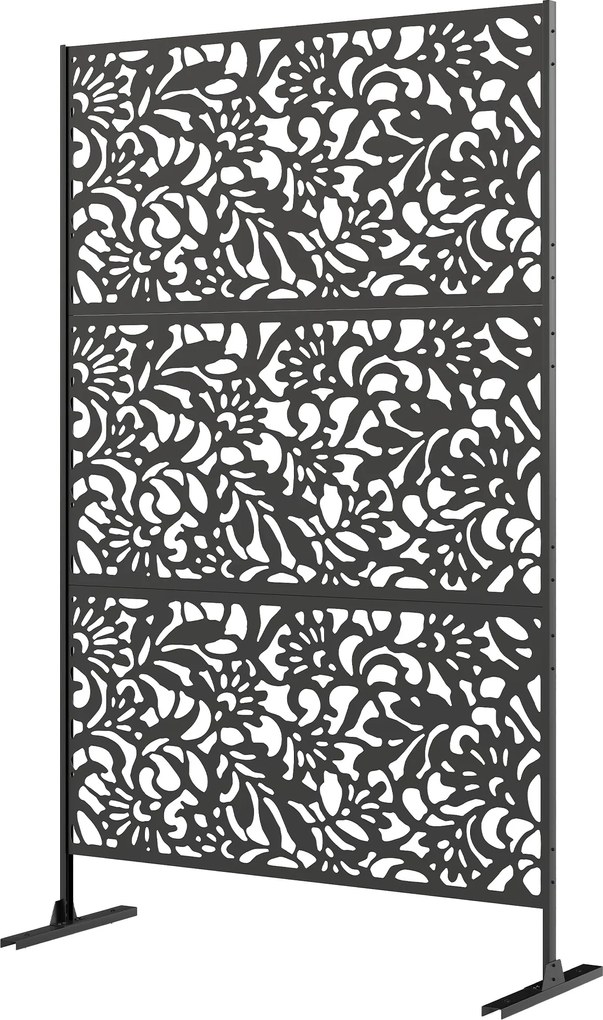 Outsunny Panou paravan decorativ exterior Claustra decorativă grădină 3 panouri cu model floral Oțel 122 x 45 x 198 cm Negru | Aosom Romania